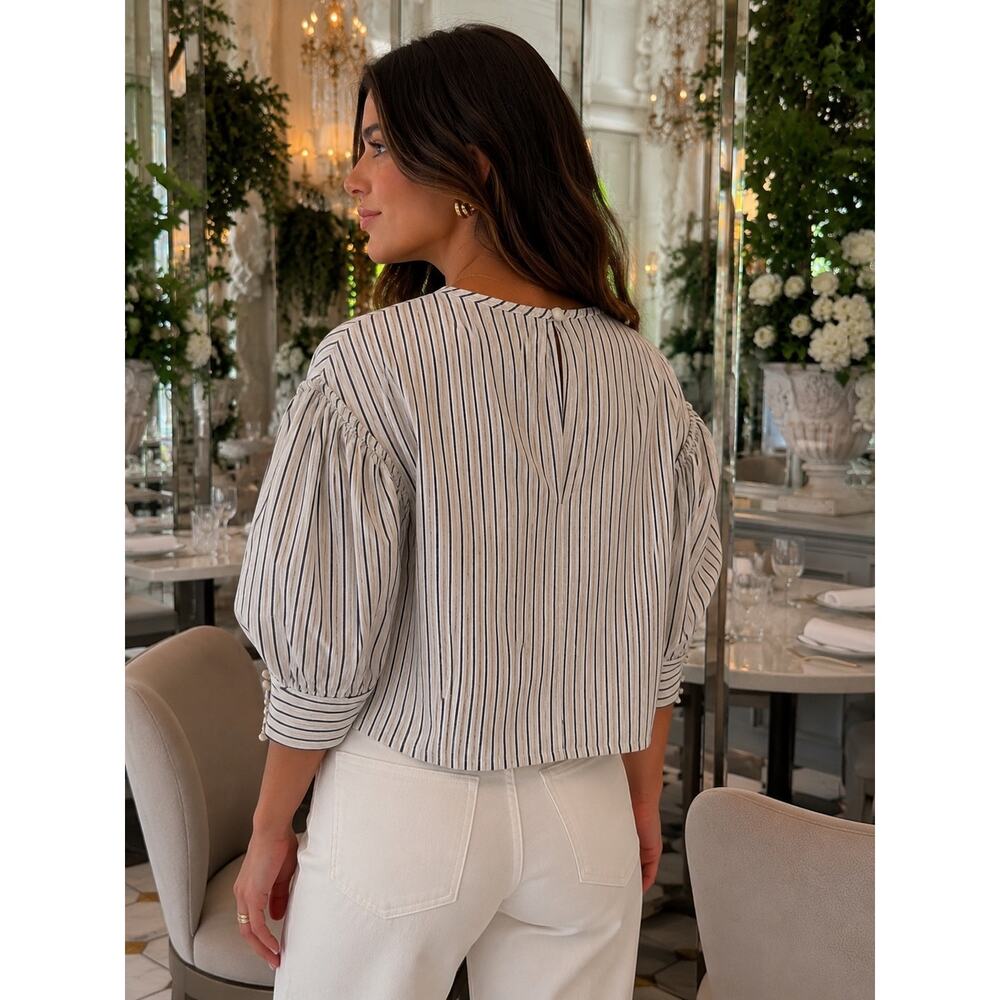 Tuckernuck | Blue Linen Stripe Puff Sleeve Top - Picture 3 of 9